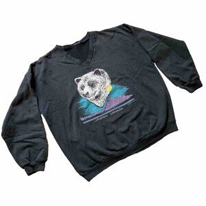 Jasper Canada Grizzly Bear Sweatshirt Top Vneck Vintage 90s Mountain Faded Black